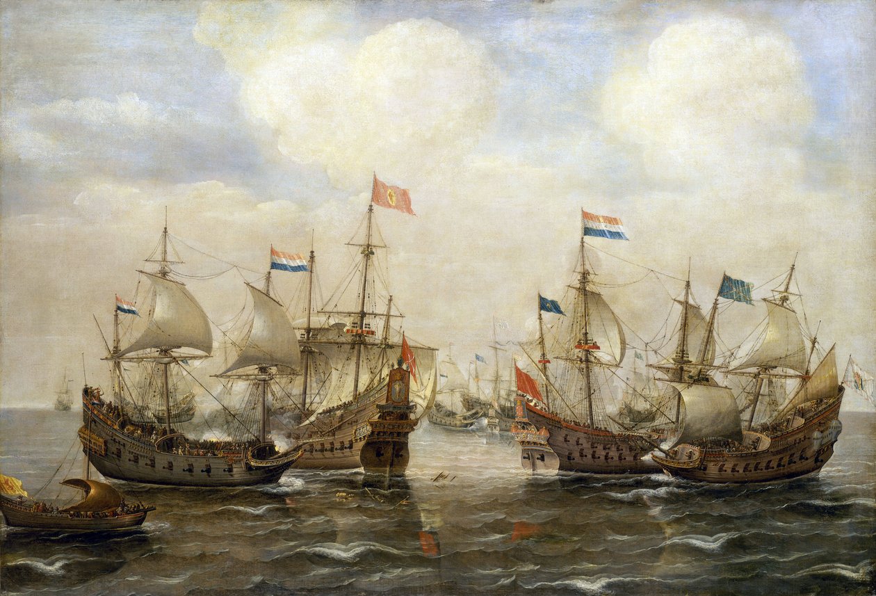 Confronto entre espanhóis e holandeses, por volta de 1630, cada barco tem a sua bandeira e, à esquerda, um barco ostenta a bandeira dos Estados Gerais Holandeses de Cornelis Verbeeck