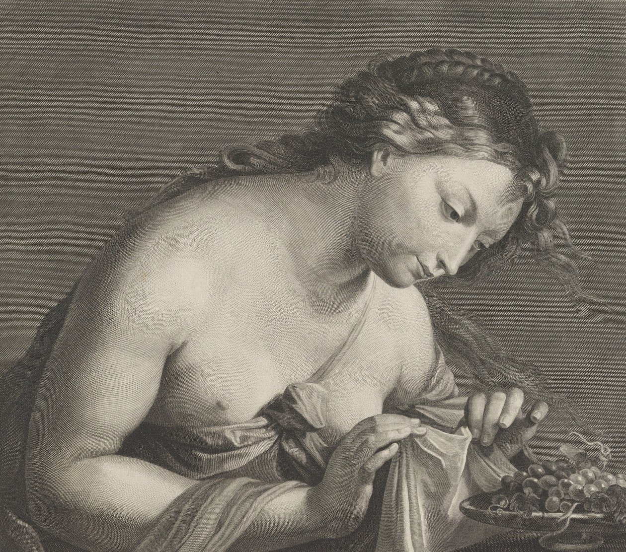 Erigone inclinando-se sobre uma travessa de uvas e levantando um pedaço de pano com as duas mãos,..., ca. 1700. de Cornelis Vermeulen