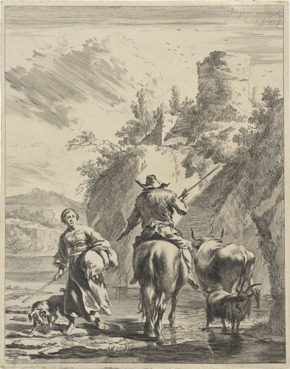 Pastor e pastora num forte
Paisagens inclinadas (título da série) de Cornelis Visscher (II)
