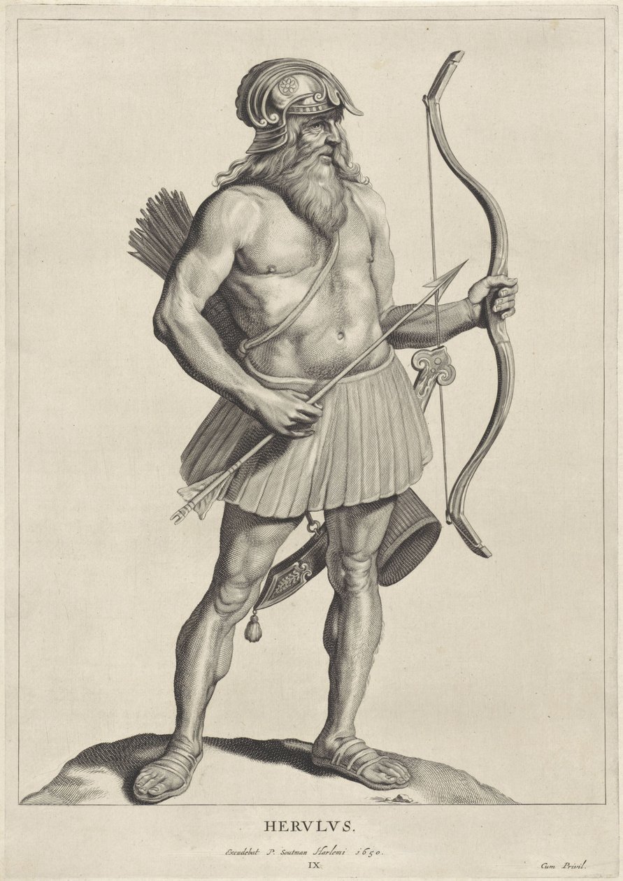 heruliano Herulus (título no objeto) Oude hier woonachtige volken (título da série) Peplus ou os godos, os vândalos, os suevos, os hérulos, os gépidas, os marcomanos e os antigos quádruplos Imagens dos monumentos antigos e do museu de Marcus Zuerius Boxhor de Cornelis Visscher (II)
