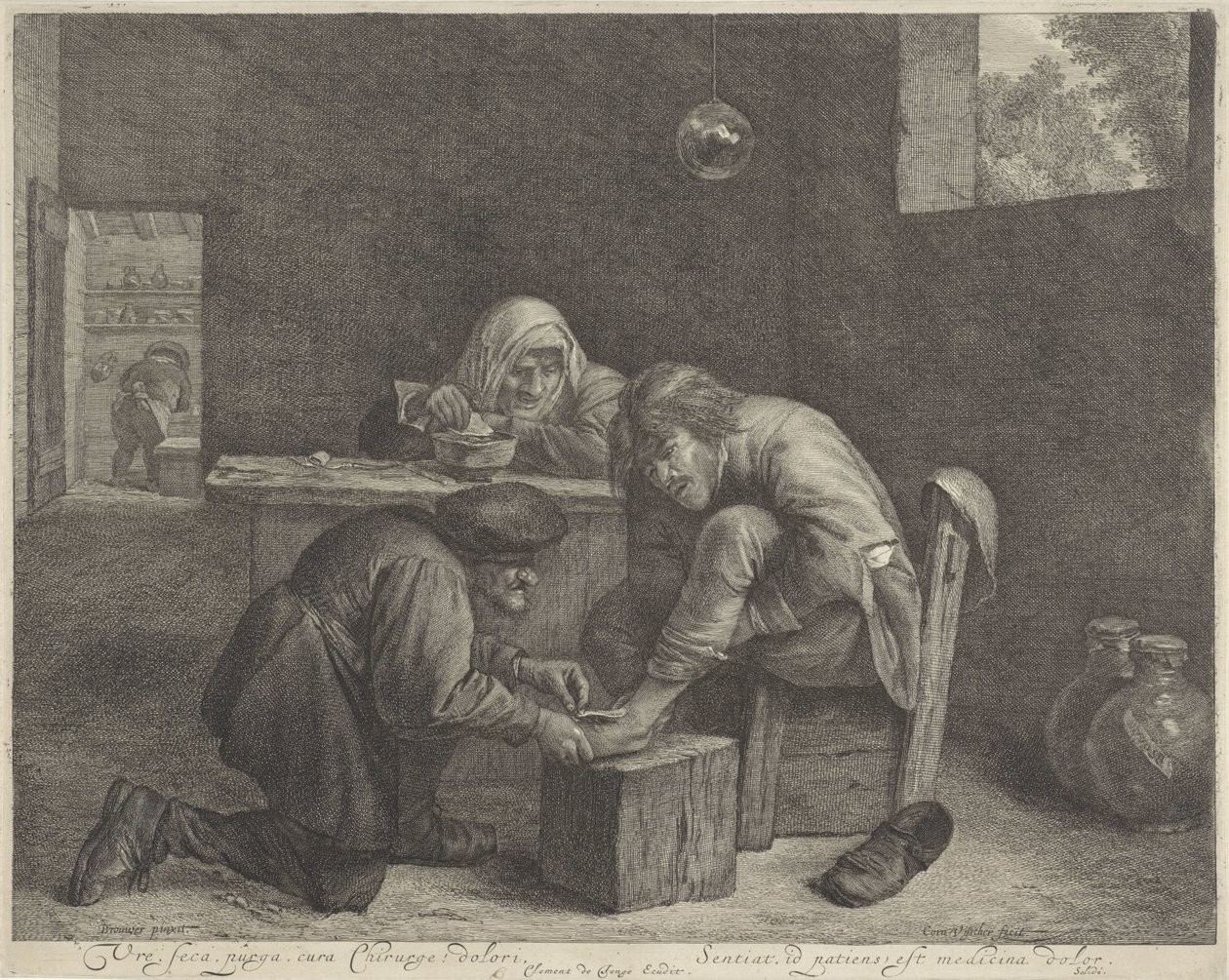 Homem no consultório de um médico
Vre, seca, purga, cura Chirurge! dolori (título sobre o objecto) de Cornelis Visscher (II)