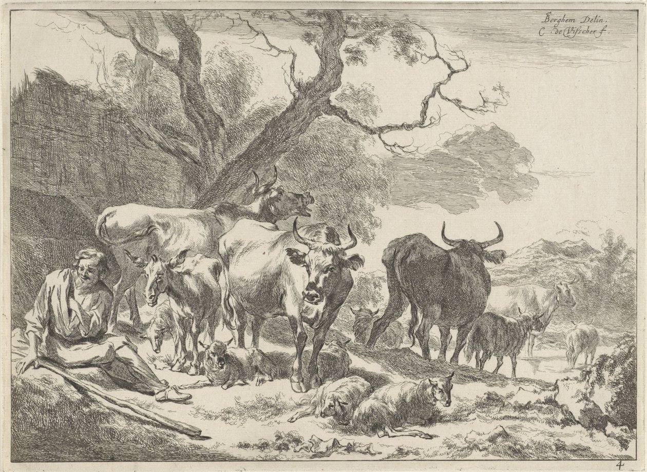 Descansando o velho pastor com seu rebanho Paisagens (título da série) de Cornelis Visscher (II)