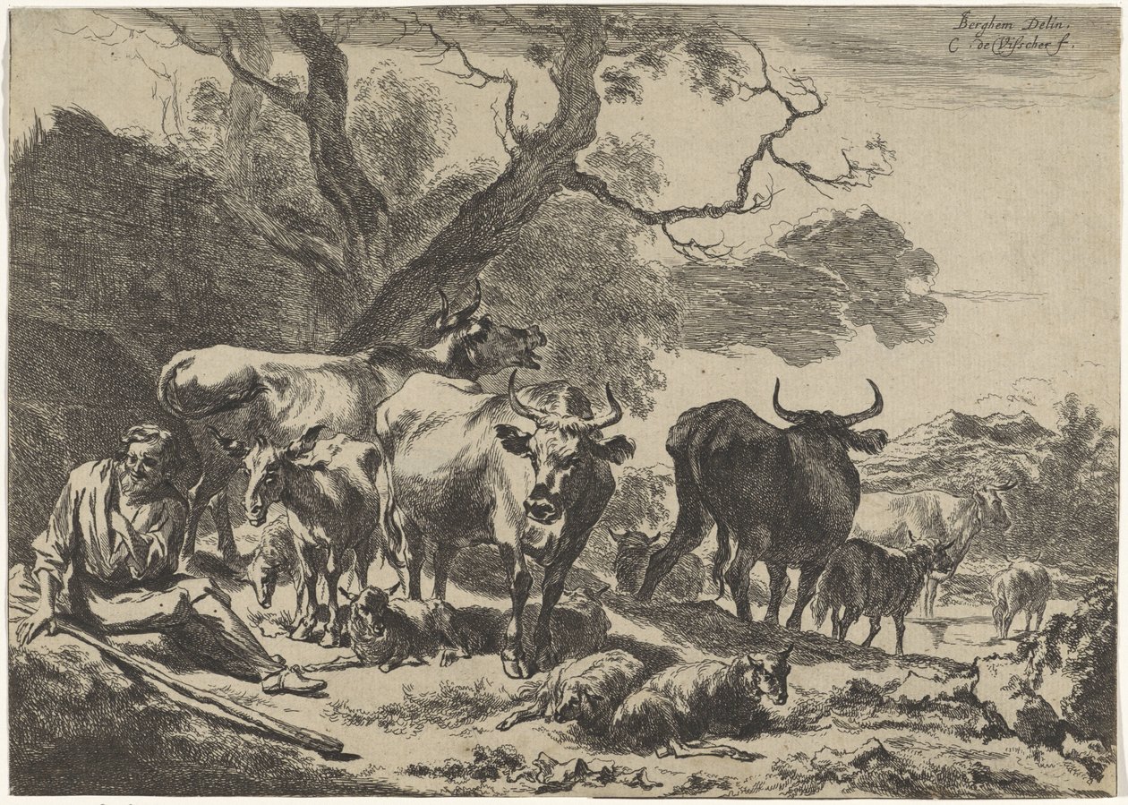 O velho pastor em repouso com o seu rebanho
Paisagens (título da série) de Cornelis Visscher (II)