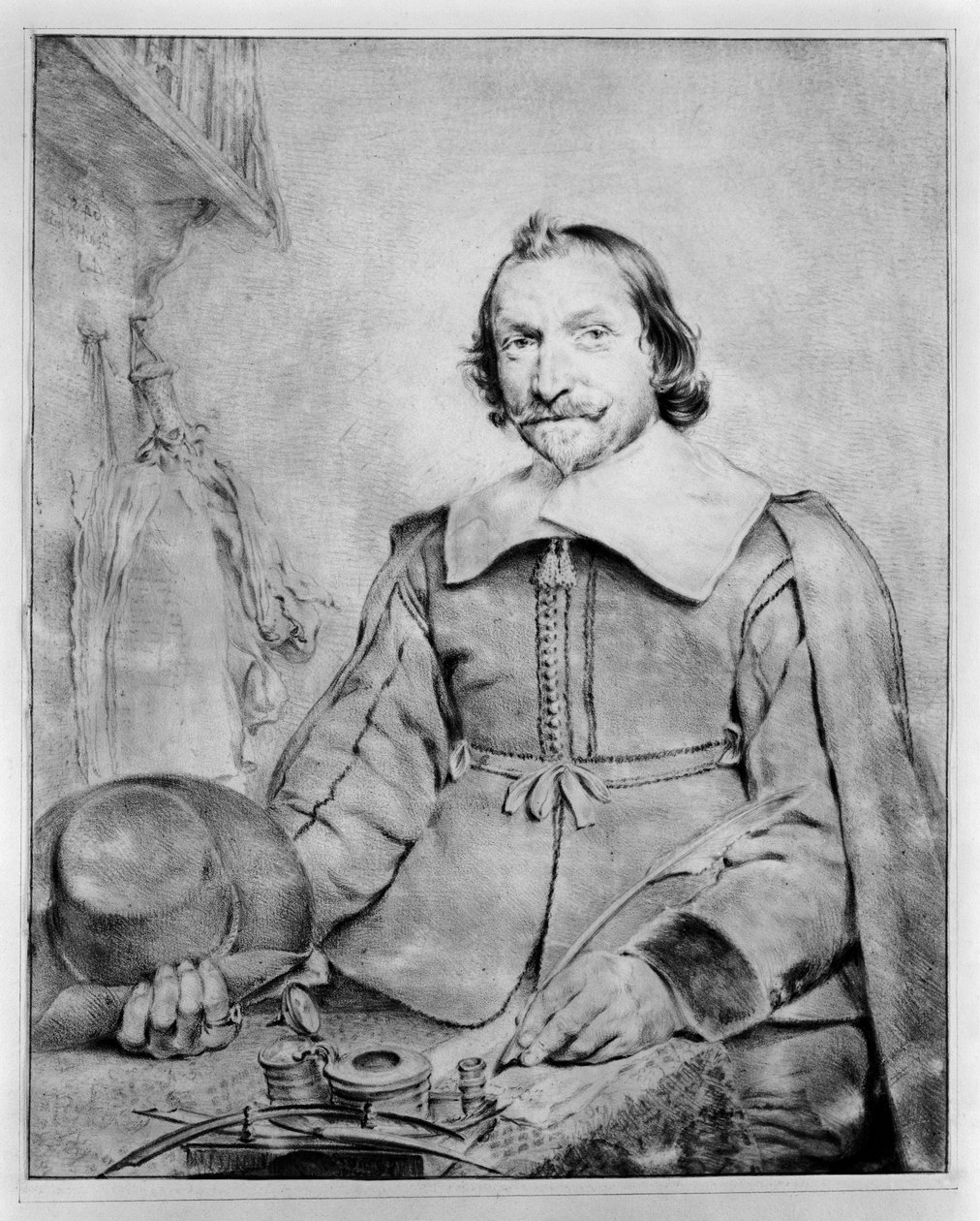Retrato de meio-corpo de um homem barbudo sentado a uma mesa de Cornelis Visscher