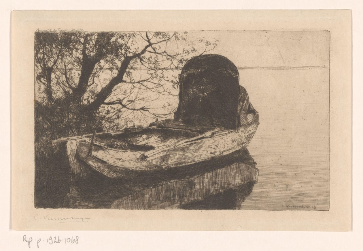 Barco a remos atracado com um dossel de Cornelis Vreedenburgh (signed by artist)