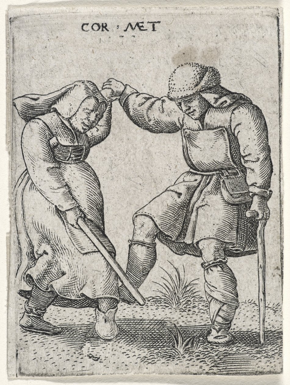 Um homem com um pé enfaixado dançando com uma mulher, 1572 (gravura em papel) de Cornelis after Massys