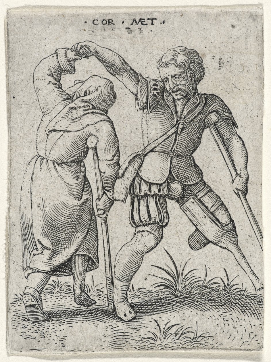 Um homem com uma perna de pau, transformando uma mulher coxo sob o braço, 1572 (gravura em papel) de Cornelis after Massys