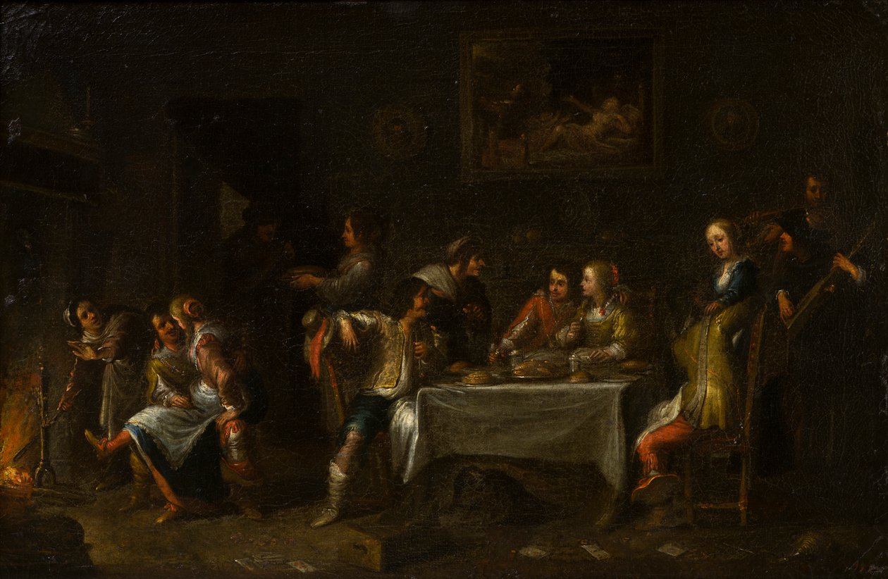 Senhoras e Senhores festejando à volta de uma mesa, c.1612-67 (óleo, lona e papel) de Cornelis de (attr. to) Wael