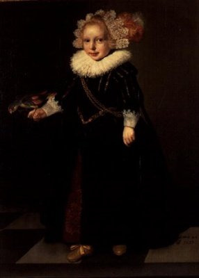 Menina vestindo um vestido preto com vestido de cabeça de pena de Cornelis de (follower of) Vos