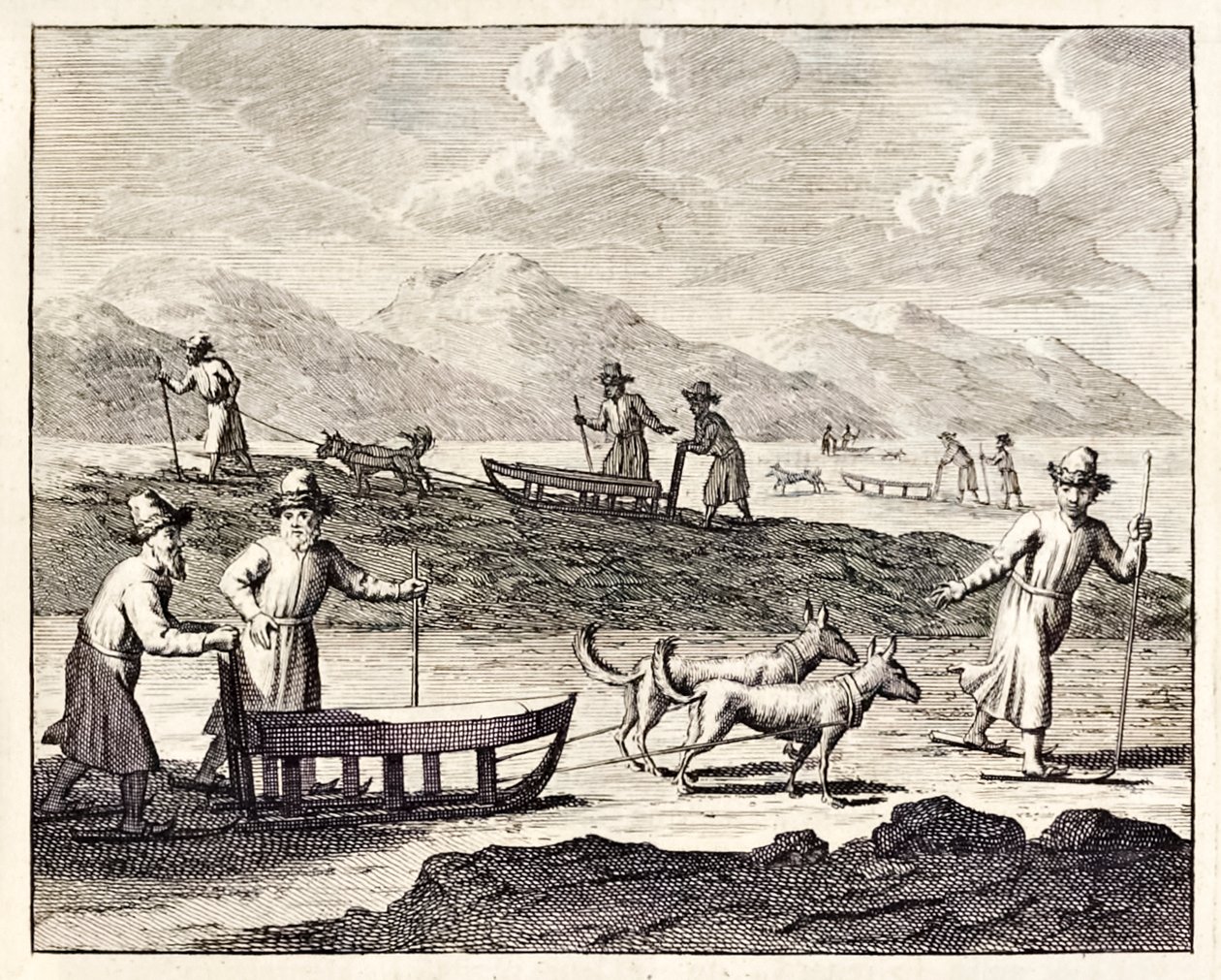 Russos a viajar com trenós de cães na Sibéria, do Voyages de Corneille le Brun. 1718 de Cornelis de Bruyn