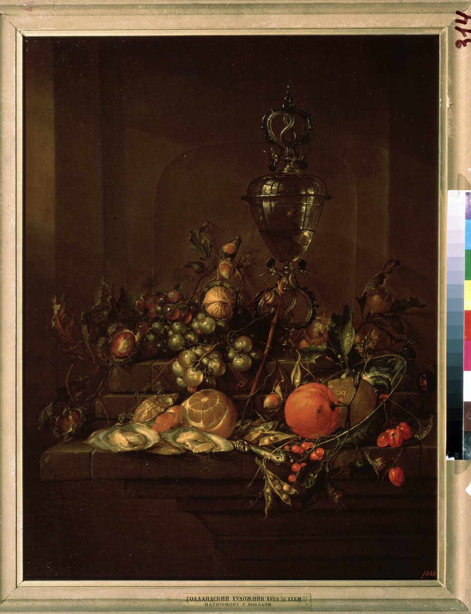 "Natureza morta de frutas de inverno com um cálice" (Natureza morta com um cálice) Laranja, limão, nozes, avelãs, castanhas (castanhas?), ostras, ervilhas, groselhas, caracóis, cerejas Pintura de Cornelis de Heem (1631-1695) por volta de 1680 Museu Pushkin de Cornelis de Heem