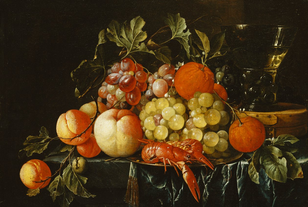Pêssegos, laranjas, uvas e lagostins em um prato de estanho e um Roemer cônico em uma caixa em uma borda parcialmente drapeada, de Cornelis de Heem