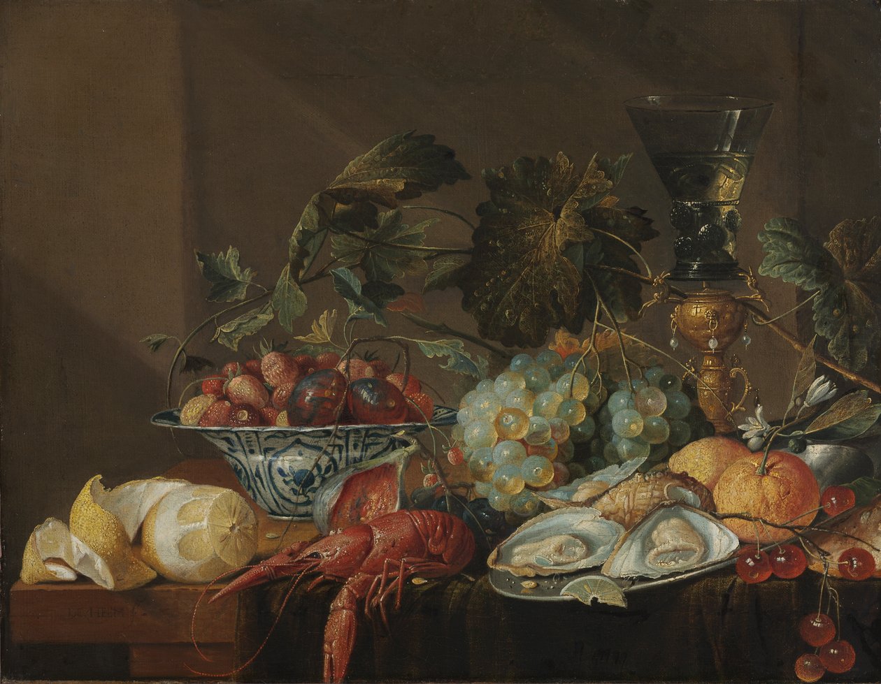 Natureza-morta com lagostins, ostras e frutos, finais de 1600 ou inícios de 1700 (óleo sobre tela) de Cornelis de Heem