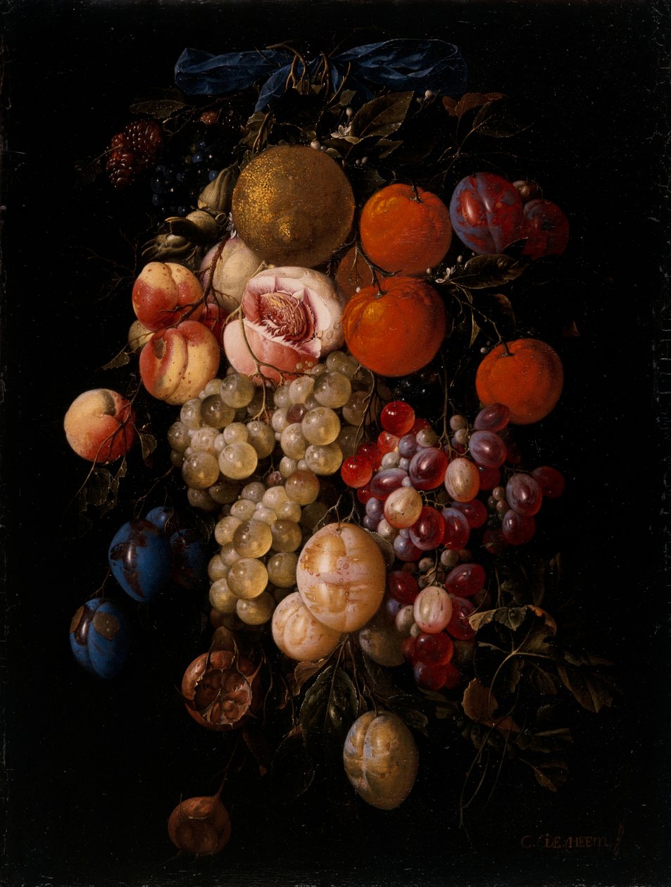Natureza morta de uvas, cerejas e ameixas penduradas num prego com uma fita azul de Cornelis de Heem