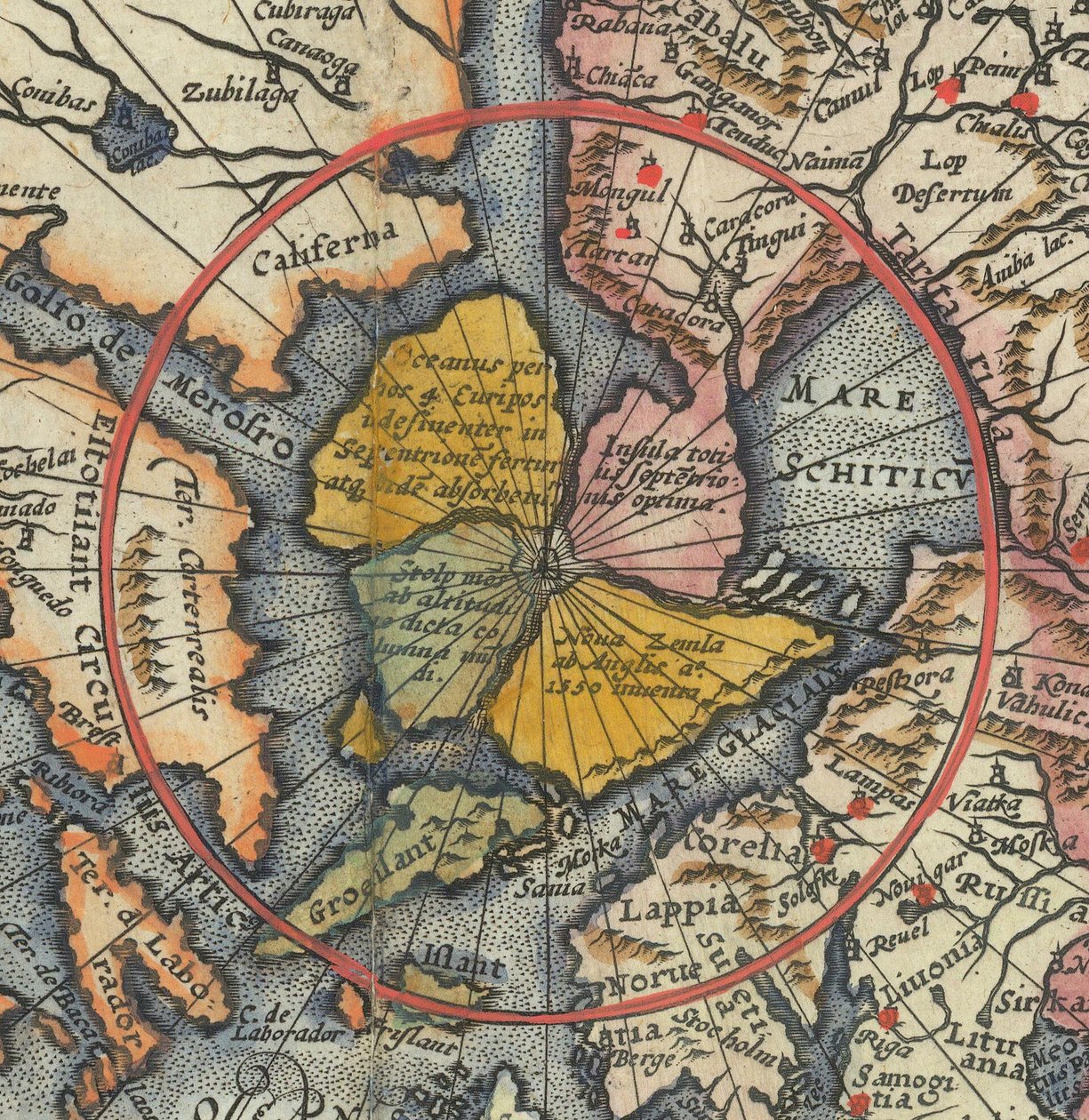 Pormenor do mapa-mundo - Ártico com ilha magnética como Pólo Norte de Cornelis de Jode