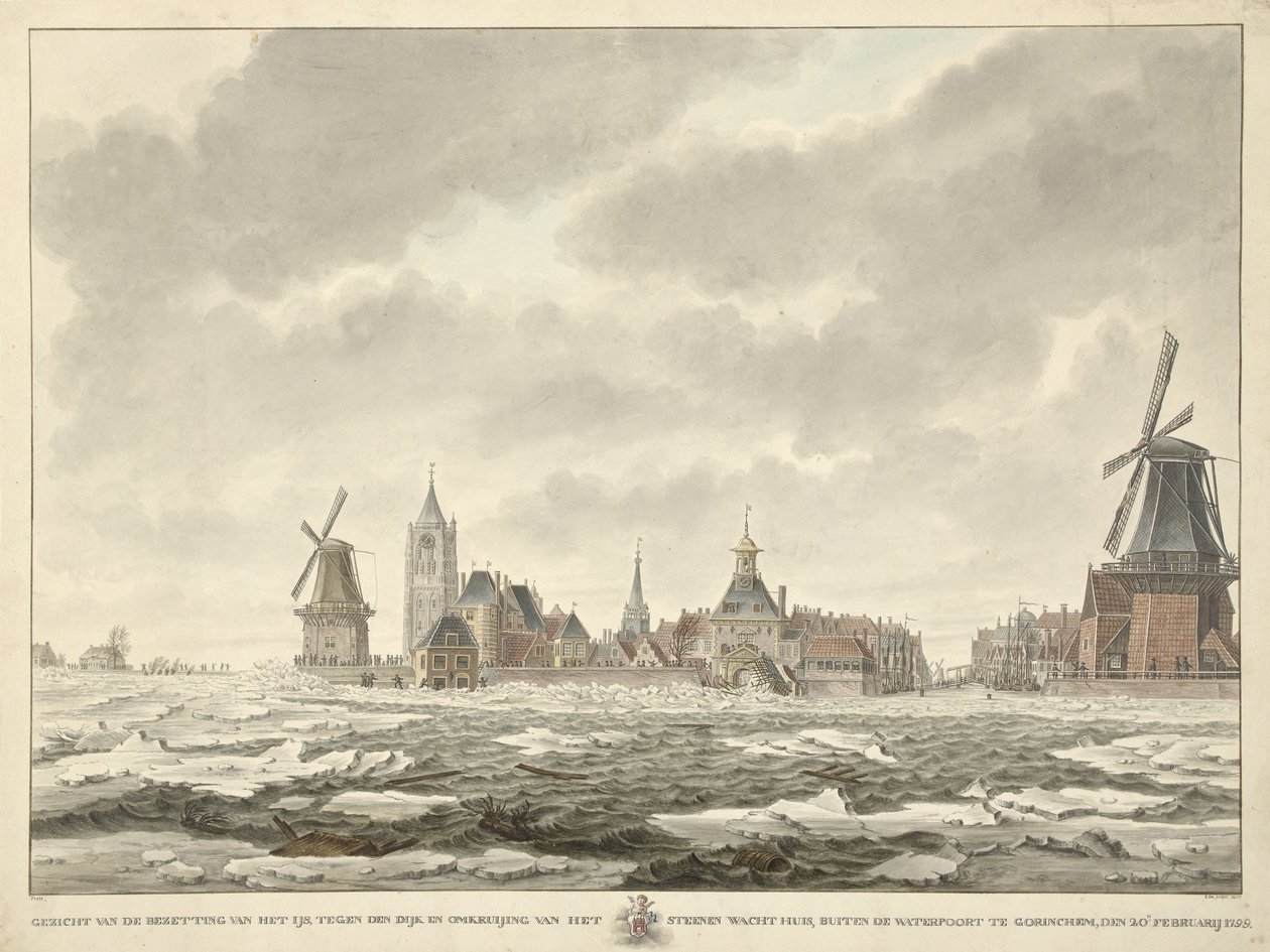 Vista da ocupação do gelo fora do Waterpoor em Gorinchem, a 20 de fevereiro de 1799 de Cornelis de Jonker