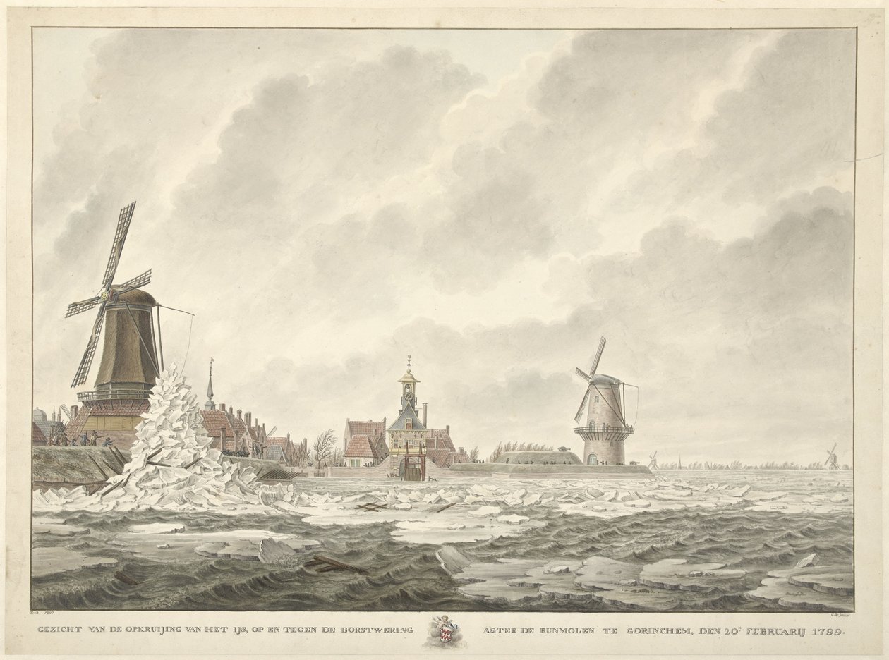 Vista da crista do gelo, sobre e contra o parapeito atrás do Runmolen em Gorinchem, 20 de fevereiro de 1799 de Cornelis de Jonker