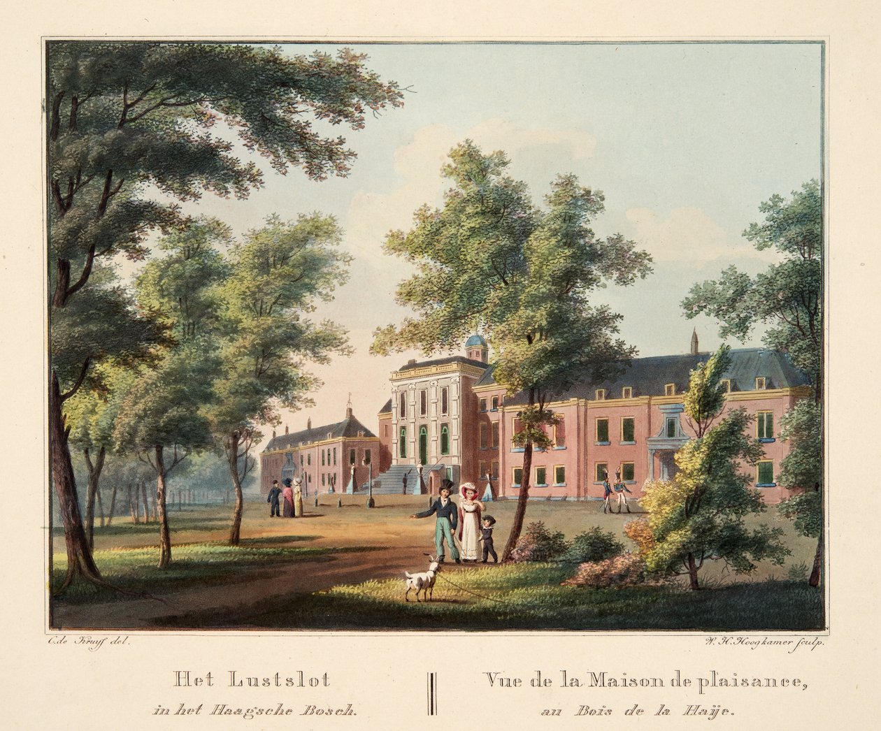 O Lustslot no Haagsche Bosch. Vue de la Maison de plaisance, Bois de la Haije, 1825 (gravura colorida à mão) de Cornelis de Kruyff