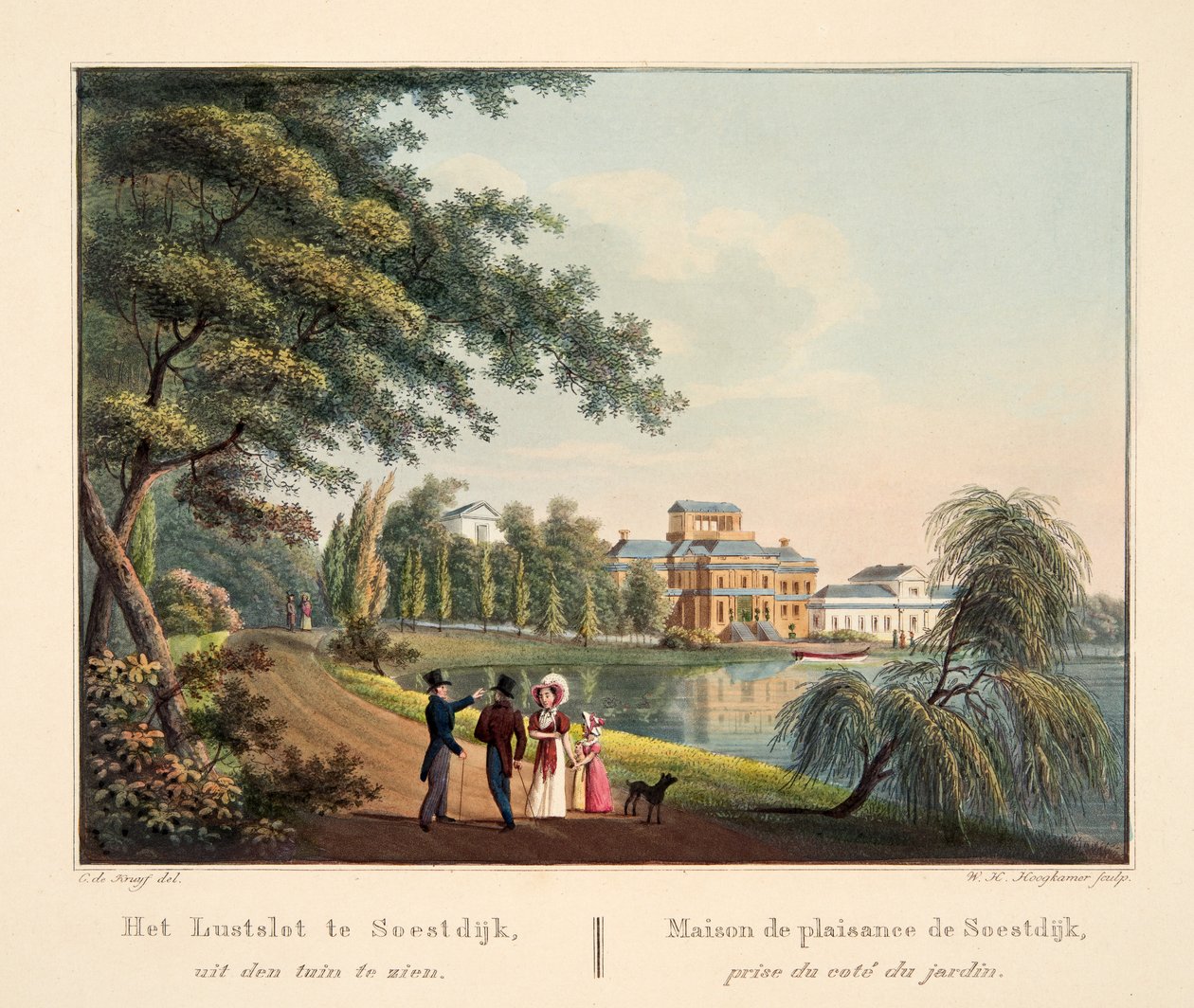 O Lustslot em Soestdijk, do jardim para ver. Maison de plantio de Soestdijk prêmio du coté du jardin, 1825 (gravura colorida à mão) de Cornelis de Kruyff