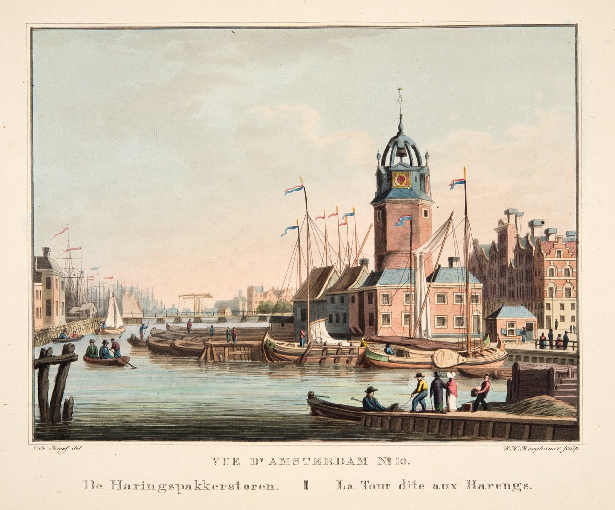 Vista de Amesterdão n º 10. De Haringspakkerstoren. A torre de arenque, 1825 (gravura colorida à mão) de Cornelis de Kruyff