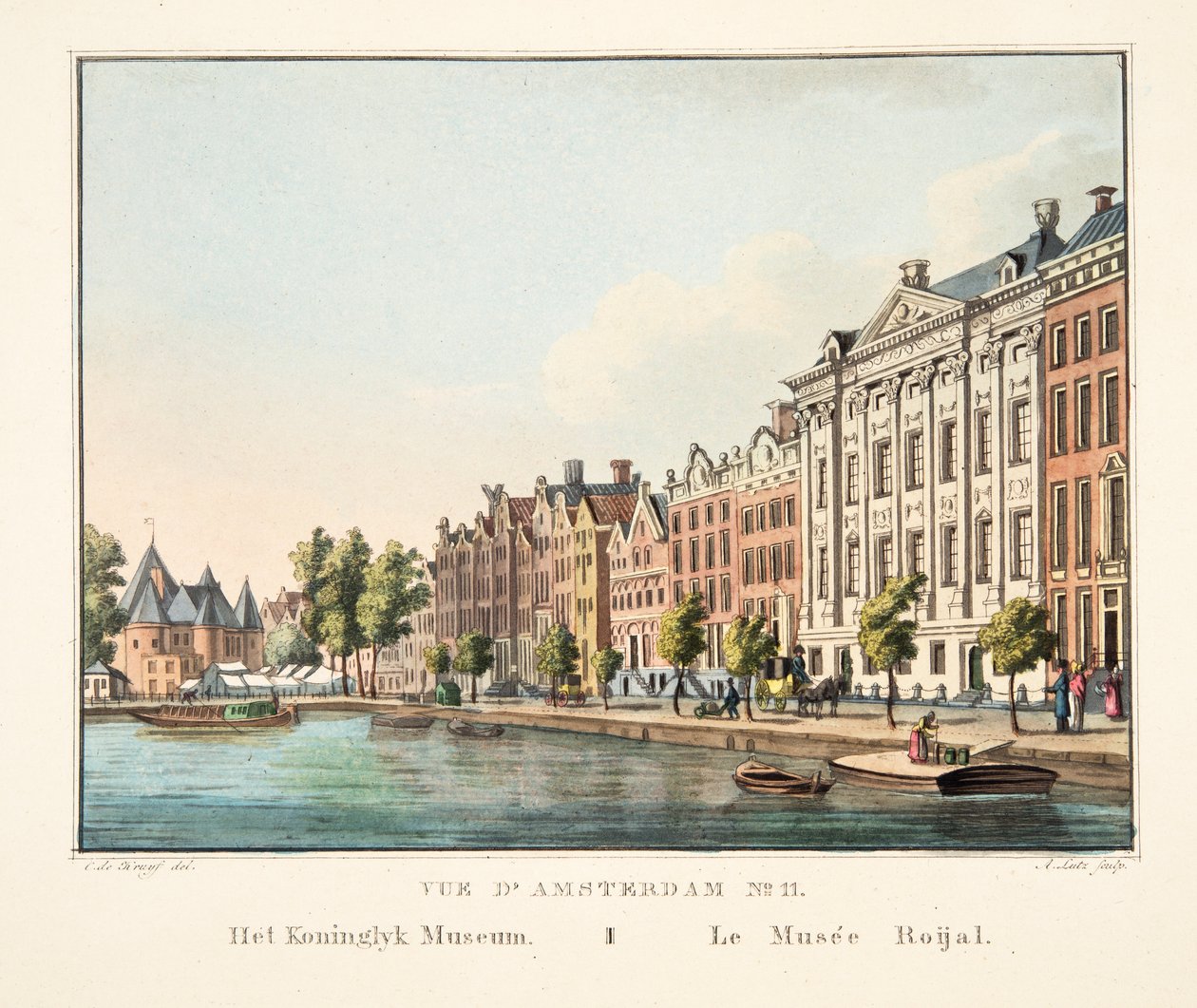 Vue d&39;Amsterdam No.11. O Museu Koninglyk. Le Musée Roijal, 1825 (gravura colorida à mão) de Cornelis de Kruyff