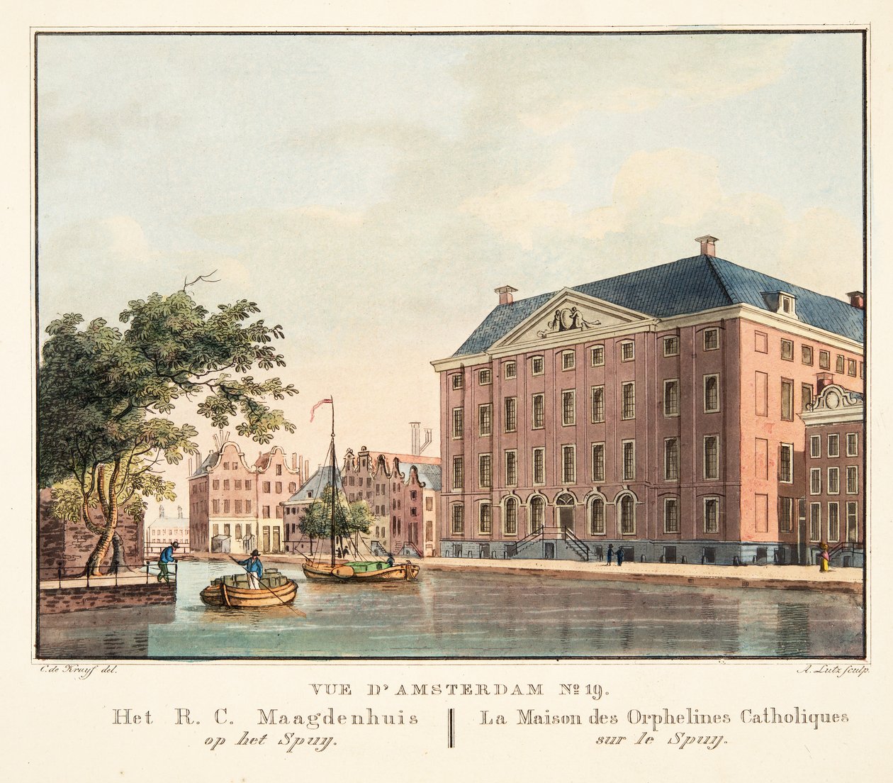 Vista de Amesterdão No.19. Het RC Maagdenhuis op het Spuij. A Casa dos Órfãos Católicos na Spuij, 1825 (gravura colorida à mão) de Cornelis de Kruyff