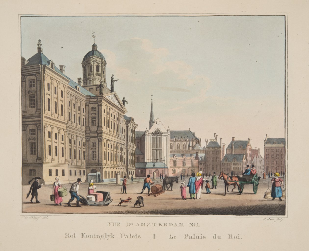 Vue d&39;Amsterdam No.1. O Palácio Koninglyk. Le Palais du Roi, 1825 (gravura colorida à mão) de Cornelis de Kruyff