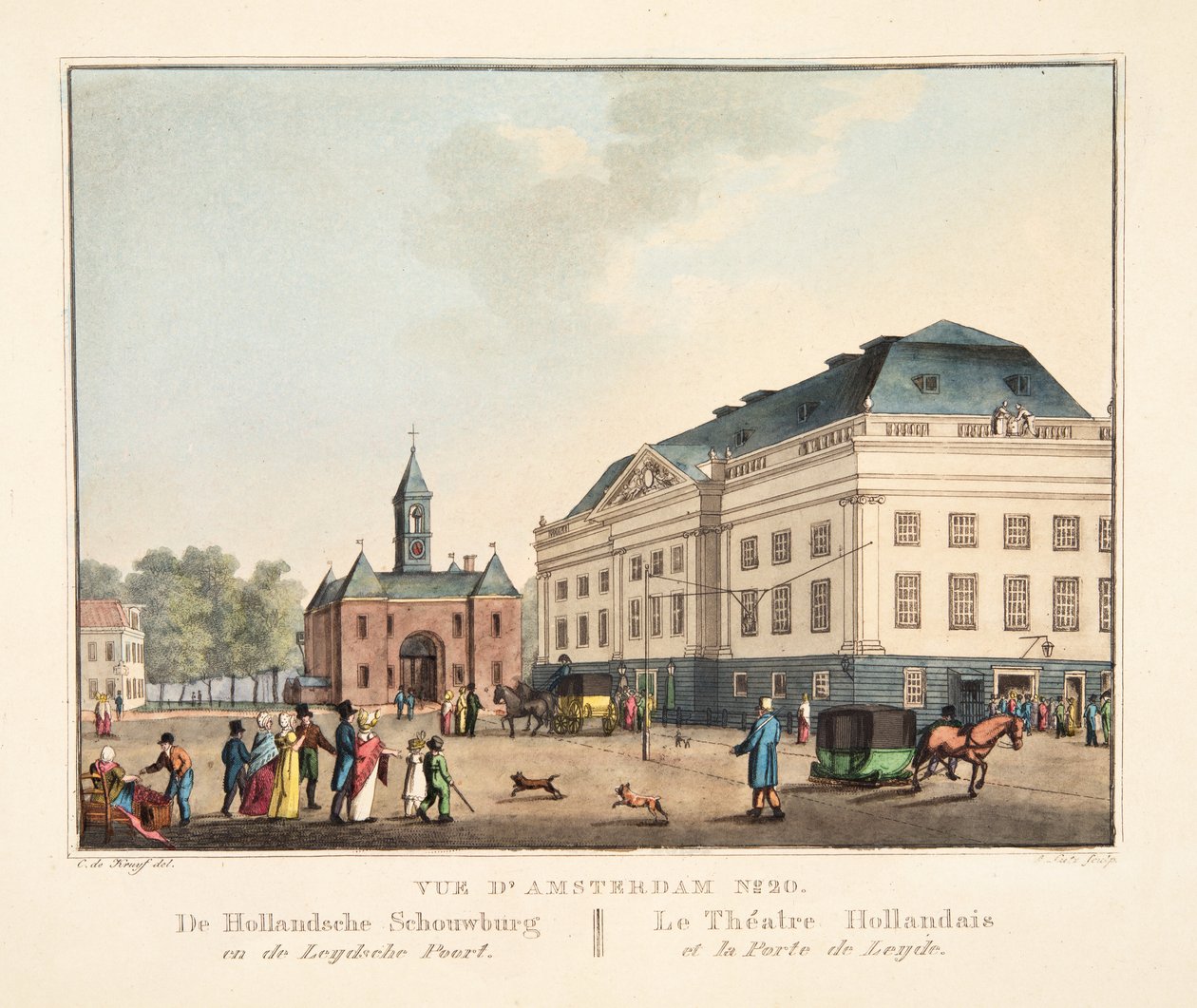 Vista de Amesterdão No.20. De Hollandsche Schouwburg em de Leydsche Poort. O teatro holandês e o porto de Leiden, 1825 (gravura colorida à mão) de Cornelis de Kruyff