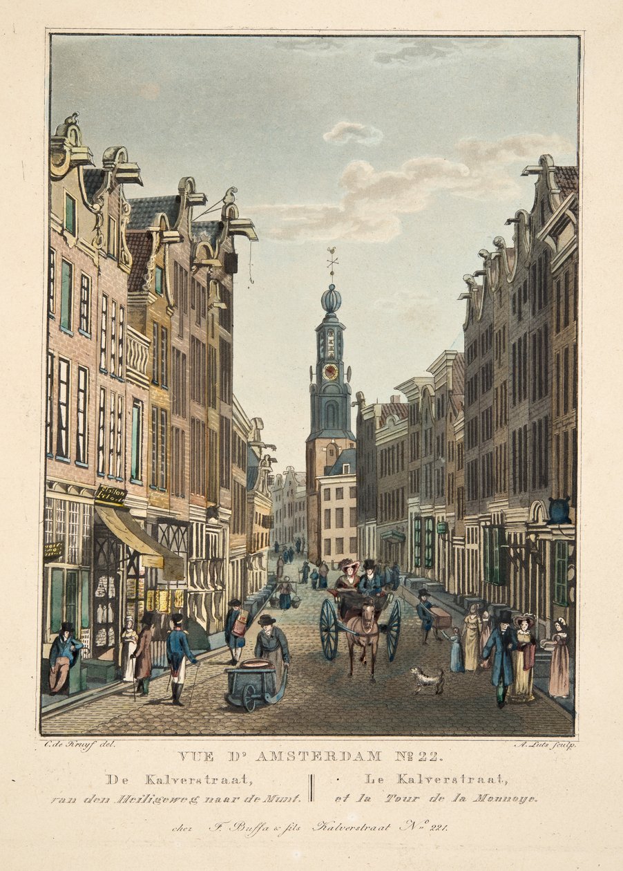 Vue d&39;Amsterdam No.22. O Kalverstraat, do Heiligeweg ao Munt. Le Kalverstraat, e a excursão de la Monnoye, 1825 (gravura colorida à mão) de Cornelis de Kruyff