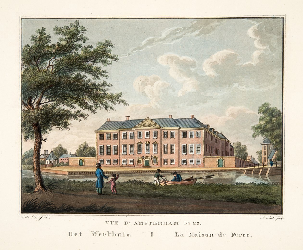 Vue d&39;Amsterdam No.25. O Workhouse. La Maison de Force, 1825 (gravura colorida à mão) de Cornelis de Kruyff