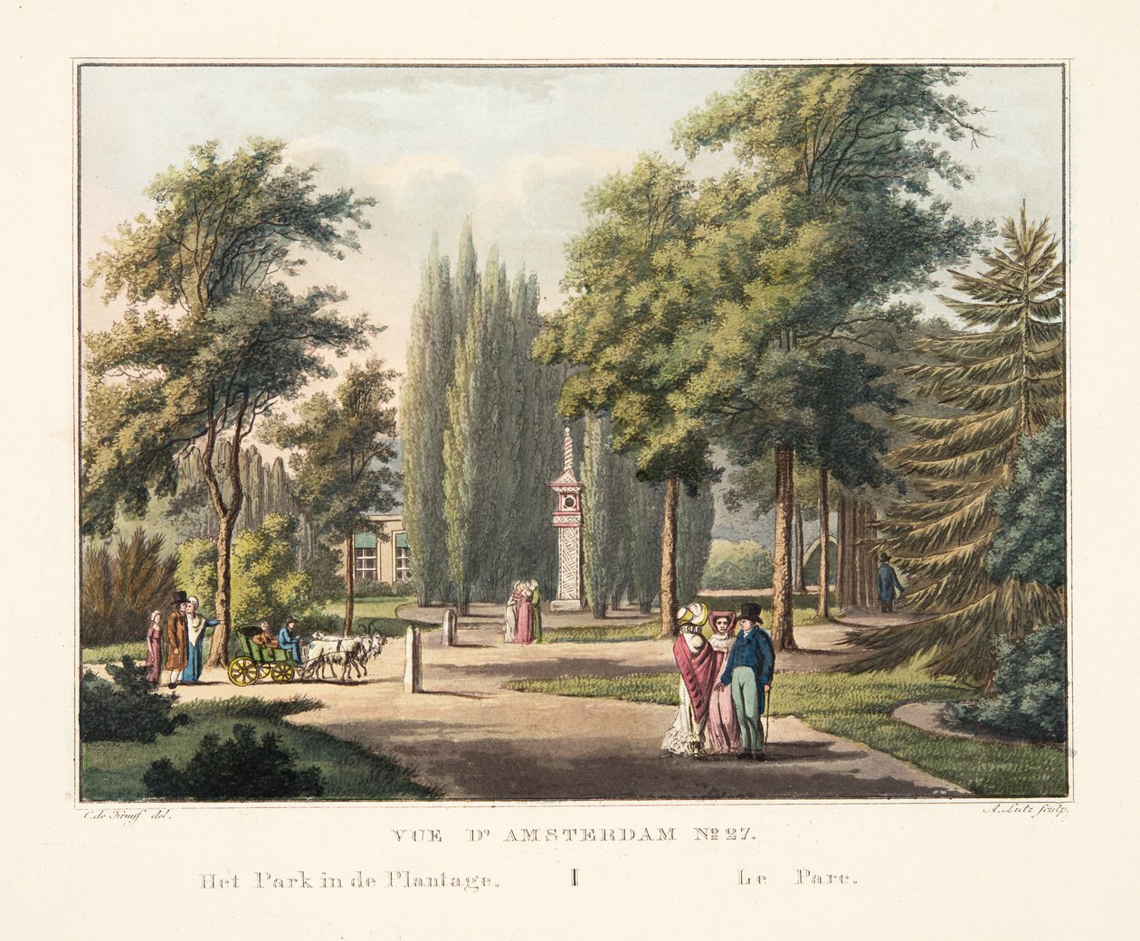 Vue d&39;Amsterdam No.27. O parque na plantação. Le Parc, 1825 (gravura colorida à mão) de Cornelis de Kruyff
