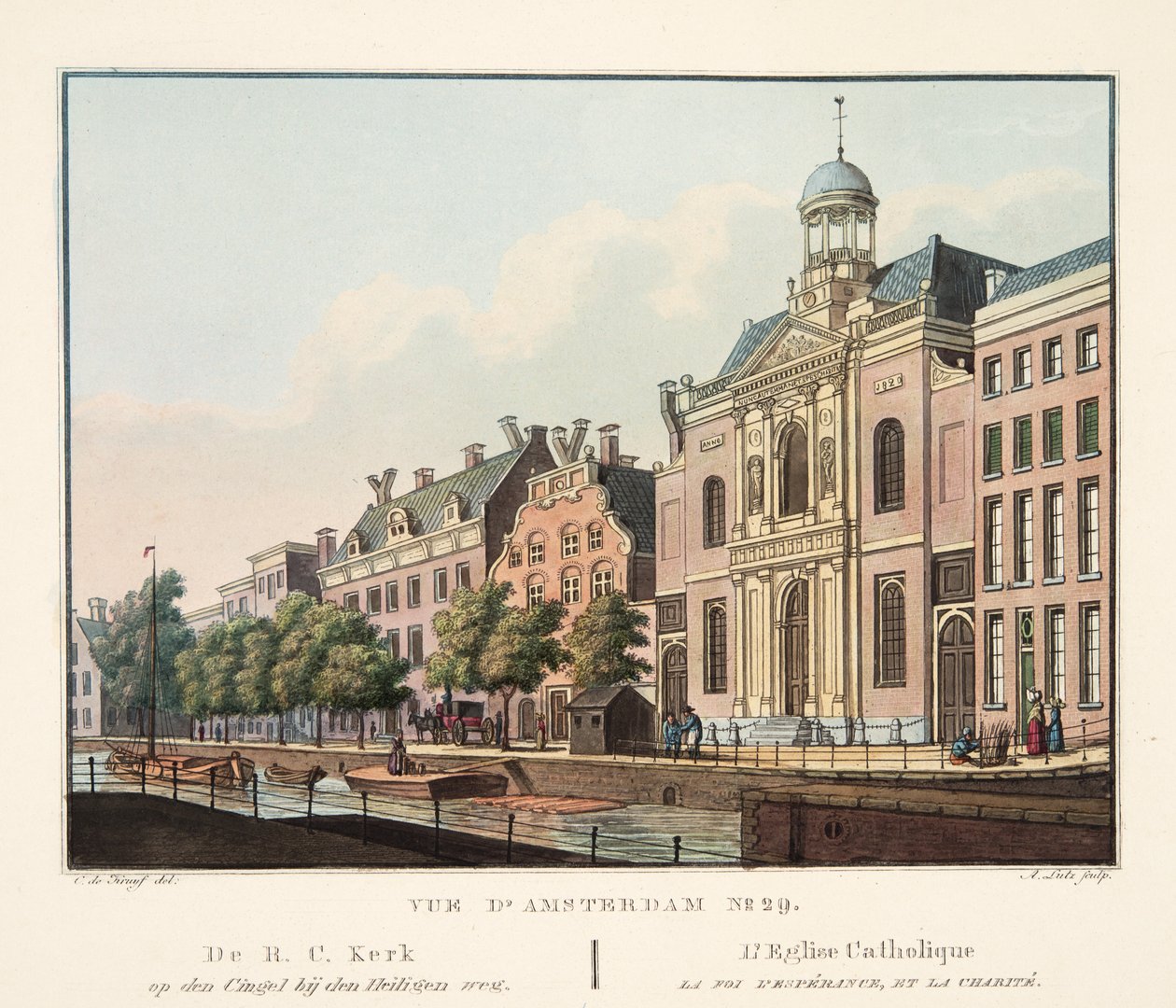 Vista de Amesterdão No.29. De RC Kerk op den Cingel bij den Heiligen weg. A Igreja Católica Fé, Esperança e Caridade, 1825 (gravura colorida à mão) de Cornelis de Kruyff