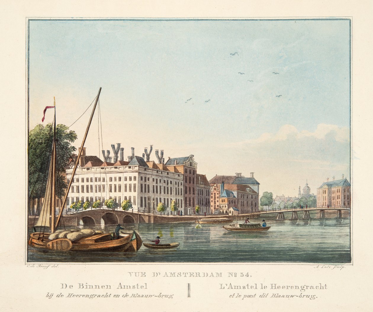 Vue d&39;Amsterdam No.34. O Binnen Amstel no heerengracht e a ponte de Blaauw. L&39;Amstel le Heerengracht et le pont esta ponte de Blaauw, 1825 (gravura colorida à mão) de Cornelis de Kruyff