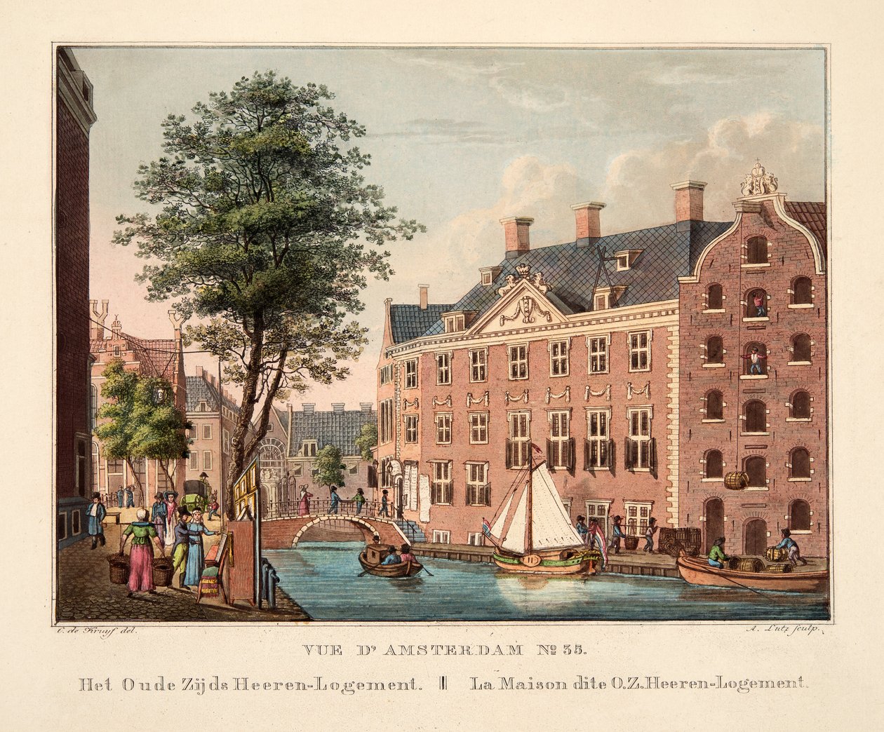 Vue d&39;Amsterdam No.35. O Oude Zijds Heeren-Logement. La Maison dite OZ Heeren-Logement, 1825 (gravura colorida à mão) de Cornelis de Kruyff