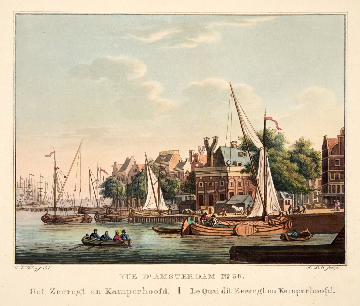 Vue d&39;Amsterdam No.36. Het Zeeregt e Kamperhoofd. Le Quai este Zeeregt ou Kamperhoofd. Le Quai em Zeeregt ou Kamperhoofd, 1825 (gravura colorida à mão) de Cornelis de Kruyff