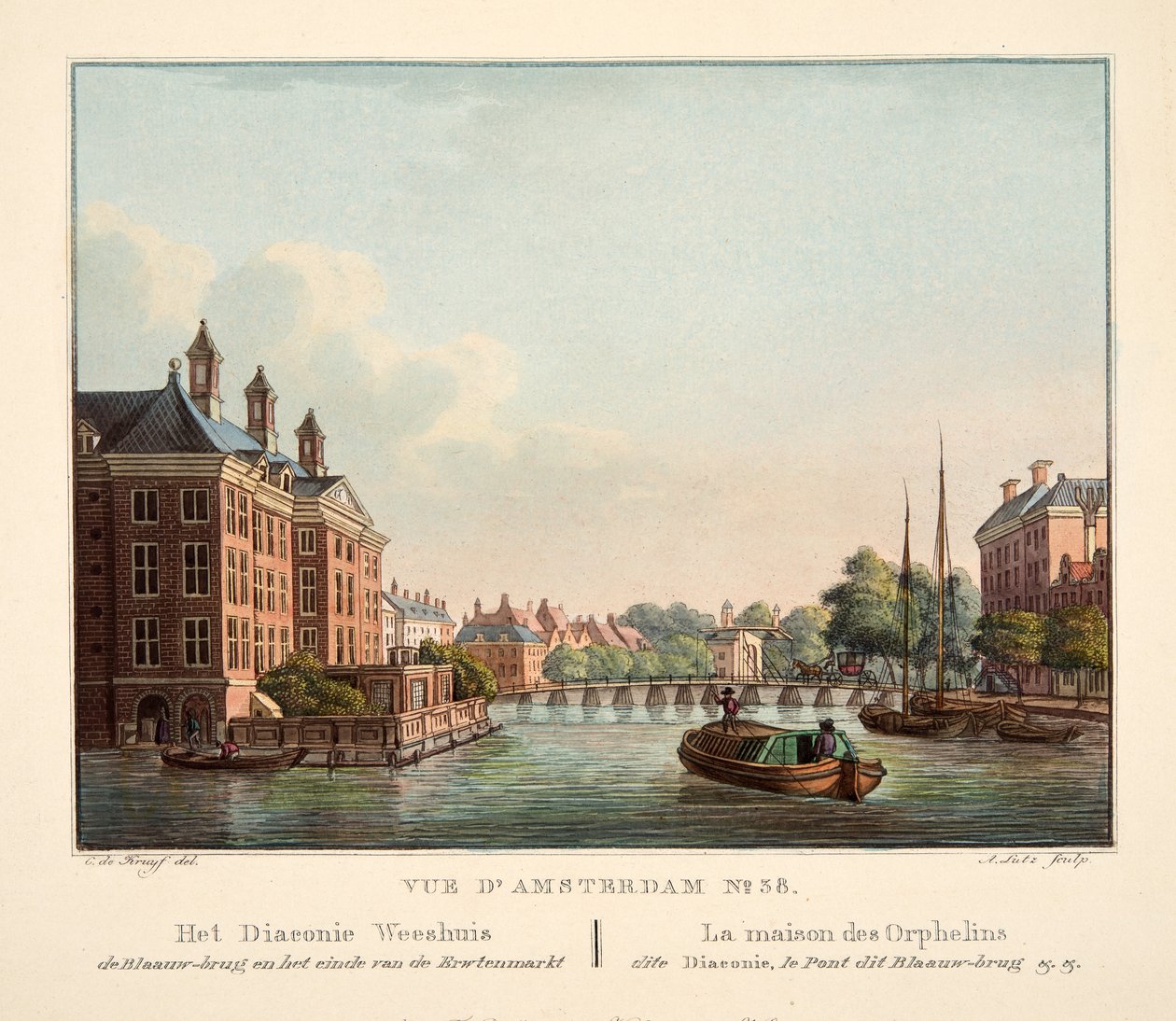 Vue d&39;Amsterdam No.38. A ponte Diaconie Weeshuis de Blaauw e o fim do mercado de ervilhas. La Maison des Orphelins, Diaconie, le Pont, esta ponte de Blaauw, 1825 (gravura colorida à mão) de Cornelis de Kruyff