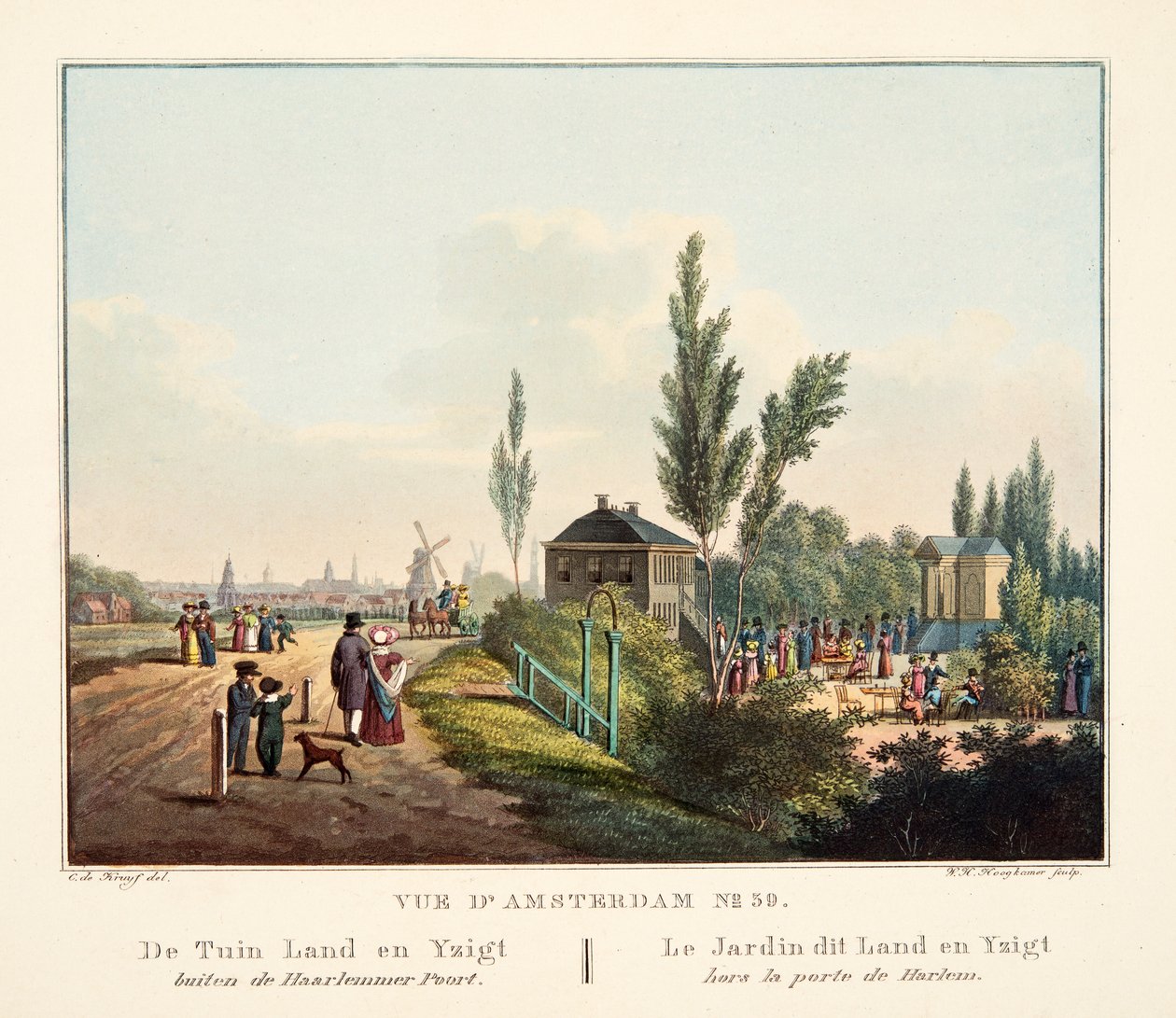 Vue d&39;Amsterdam No.39. A Terra do Jardim e Yzigt fora do Haarlemmer Poort. Le Jardin esta terra e Yzigt hors a porte de Harlem, 1825 (gravura colorida à mão) de Cornelis de Kruyff