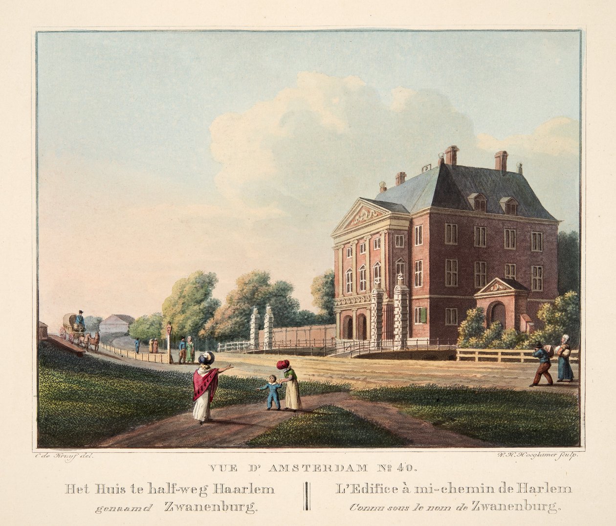 Vista de Amesterdão No.40. Het Huis te meio-weg Haarlem genaamd Zwanenburg. O Edificea a meio caminho do Harlem conhecido como Zwanenburg, 1825 (gravura colorida à mão) de Cornelis de Kruyff