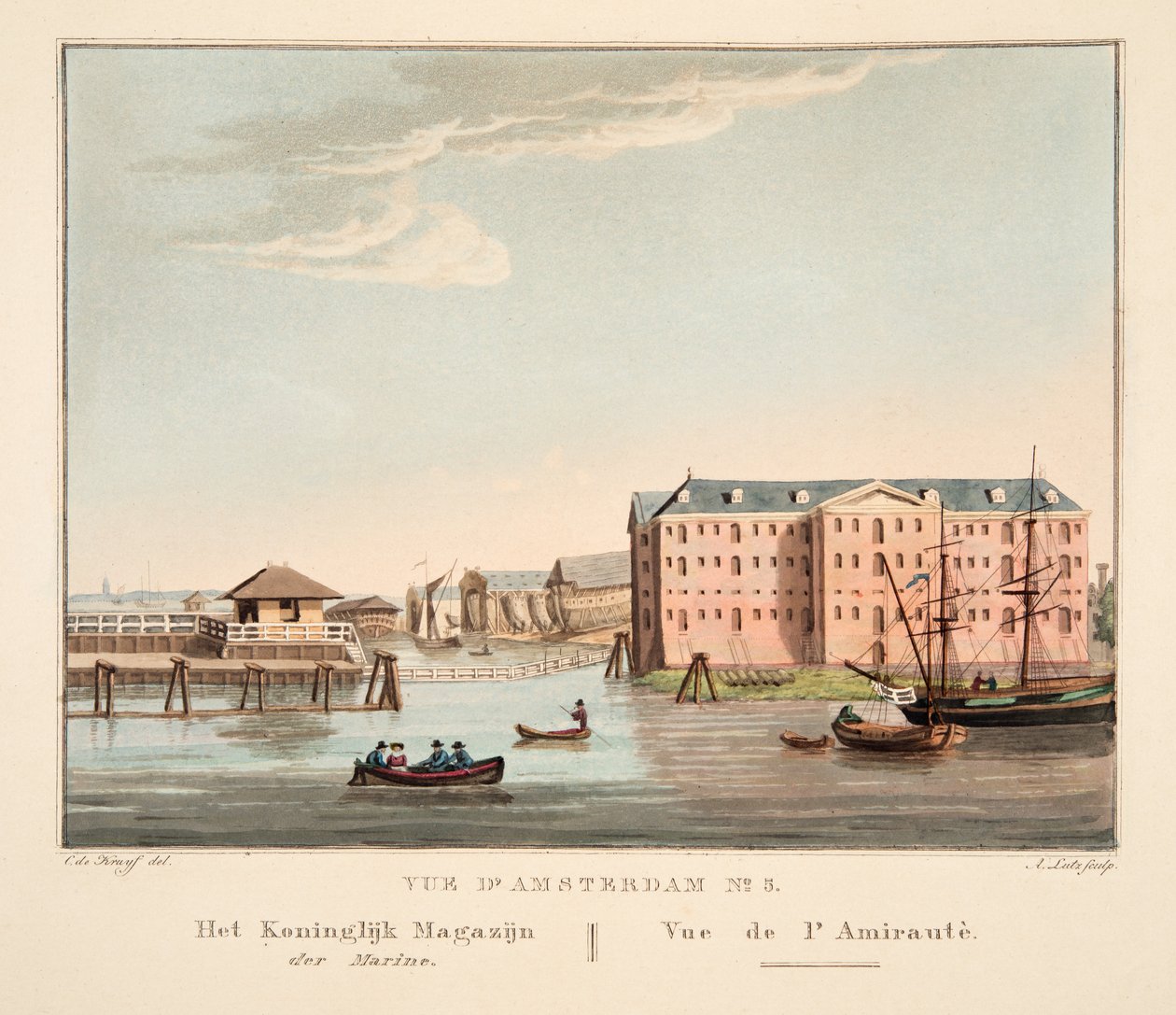 Vue d&39;Amsterdam No.5. O armazém real da marinha. Vue de l&39;Amirautè, 1825 (gravura colorida à mão) de Cornelis de Kruyff