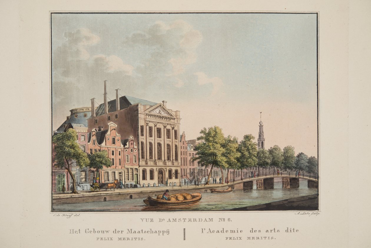 Vue d&39;Amsterdam No.6. A Sociedade de Construção Felix Meritis. L&39;Academie des arts dita Felix Meritis, 1825 (gravura colorida à mão) de Cornelis de Kruyff