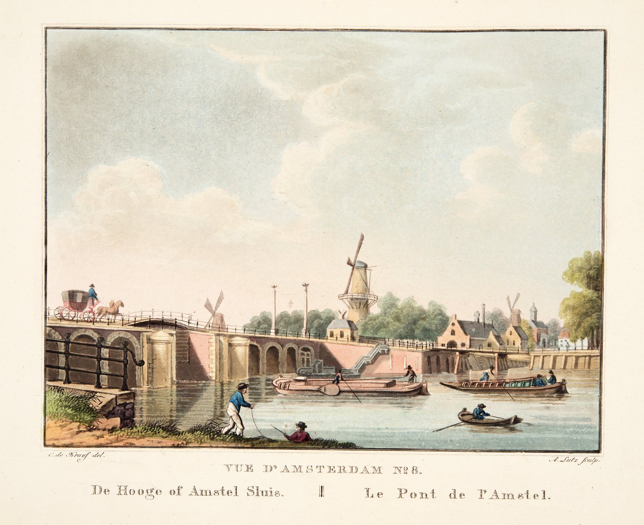 Vue d&39;Amsterdam No.8. De Hooge ou Amstel Sluis. Le Pont de l&39;Amstel, 1825 (gravura colorida à mão) de Cornelis de Kruyff