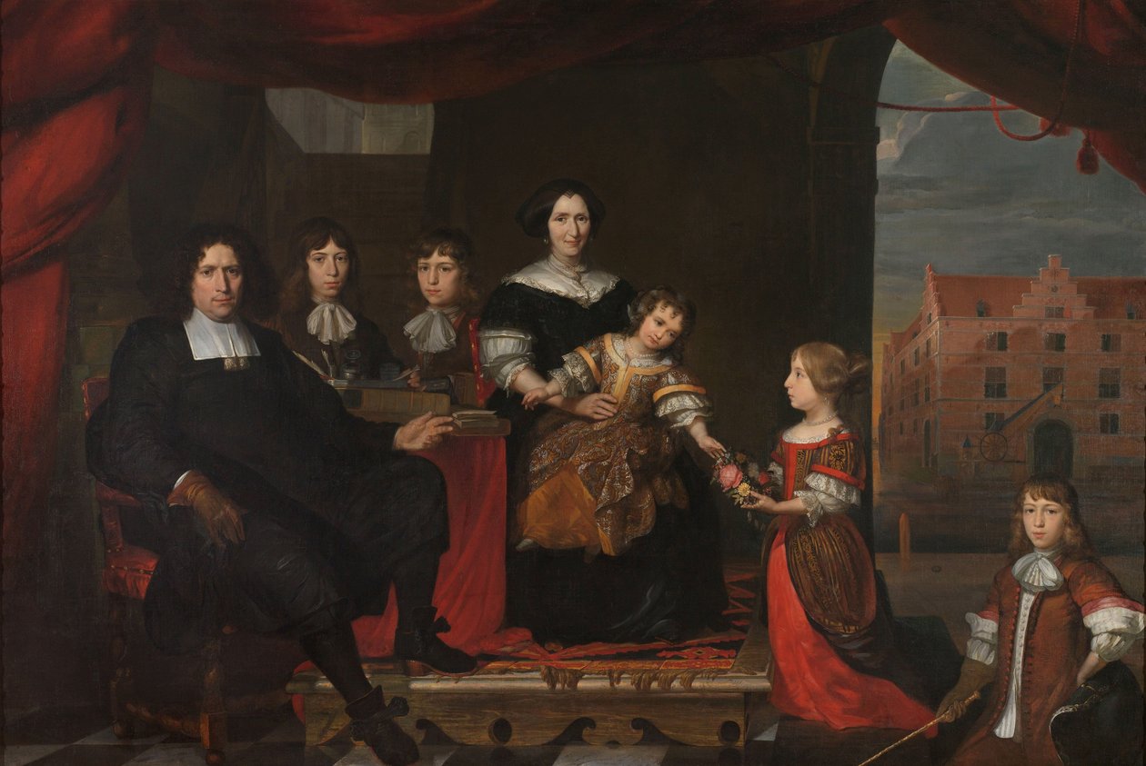 Reyer Reyersz van der Burch (1630-1695), Oficial de Munições ligado ao Arsenal dos Estados Gerais, Delft, com a sua mulher Geertruid Graswinckel e os seus filhos Frank, Cornelis, Reyer, Maria e Alida de Cornelis de Man (attributed to)