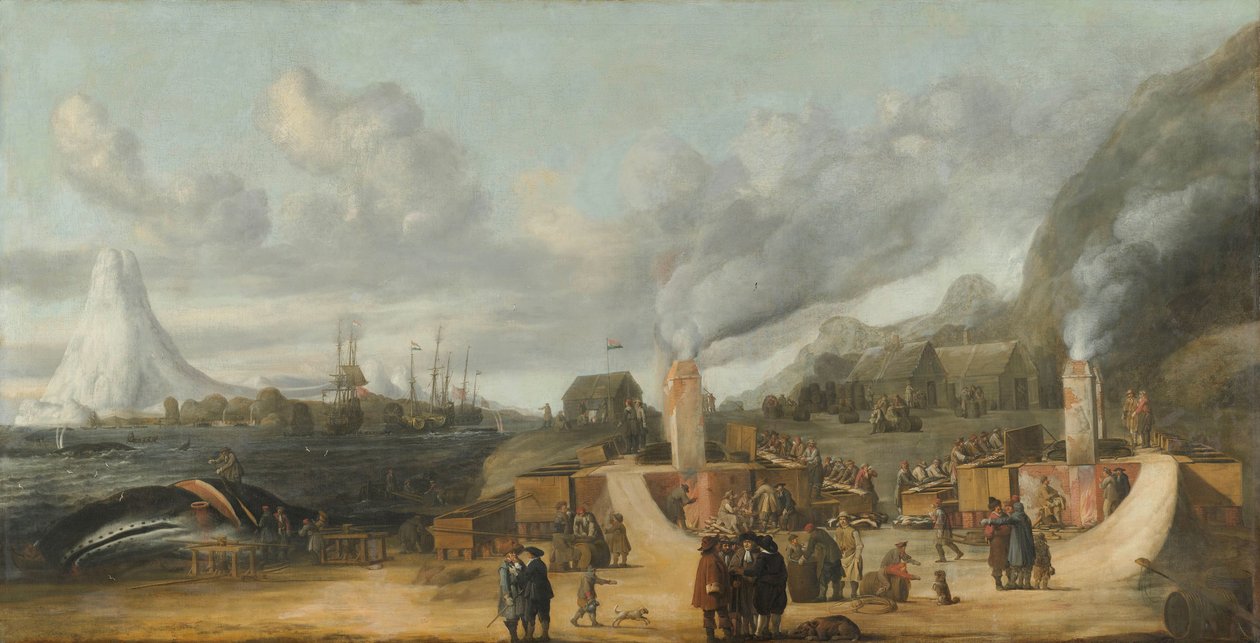 A refinaria de óleo de baleia perto da vila de Smerenburg Uma fábrica de óleo de baleia da Nordic ou Greenland Company na ilha de Amsterdã, no extremo norte de Spitzbergen (Svalbard) de Cornelis de Man