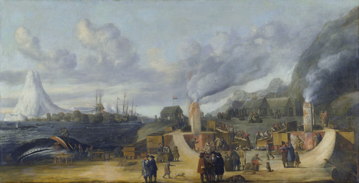 A refinaria de óleo de baleia perto da aldeia de Smerenburg de Cornelis de Man