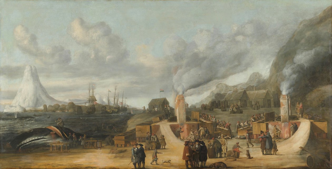 A refinaria de óleo de baleia perto da vila de Smerenburg, 1639 de Cornelis de Man