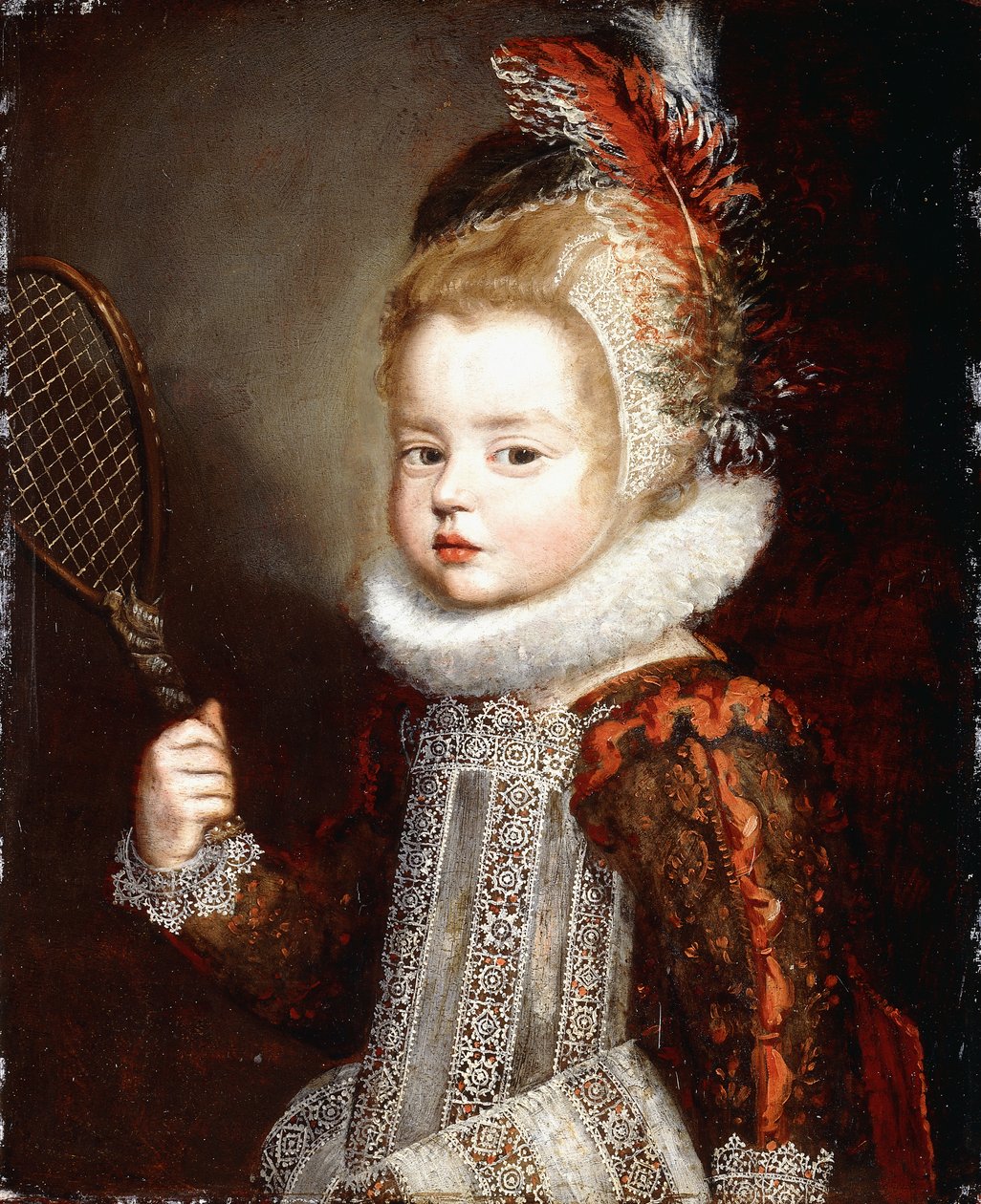 Retrato, menina, meio comprimento, segurando, raquete tênis de Cornelis de Vos