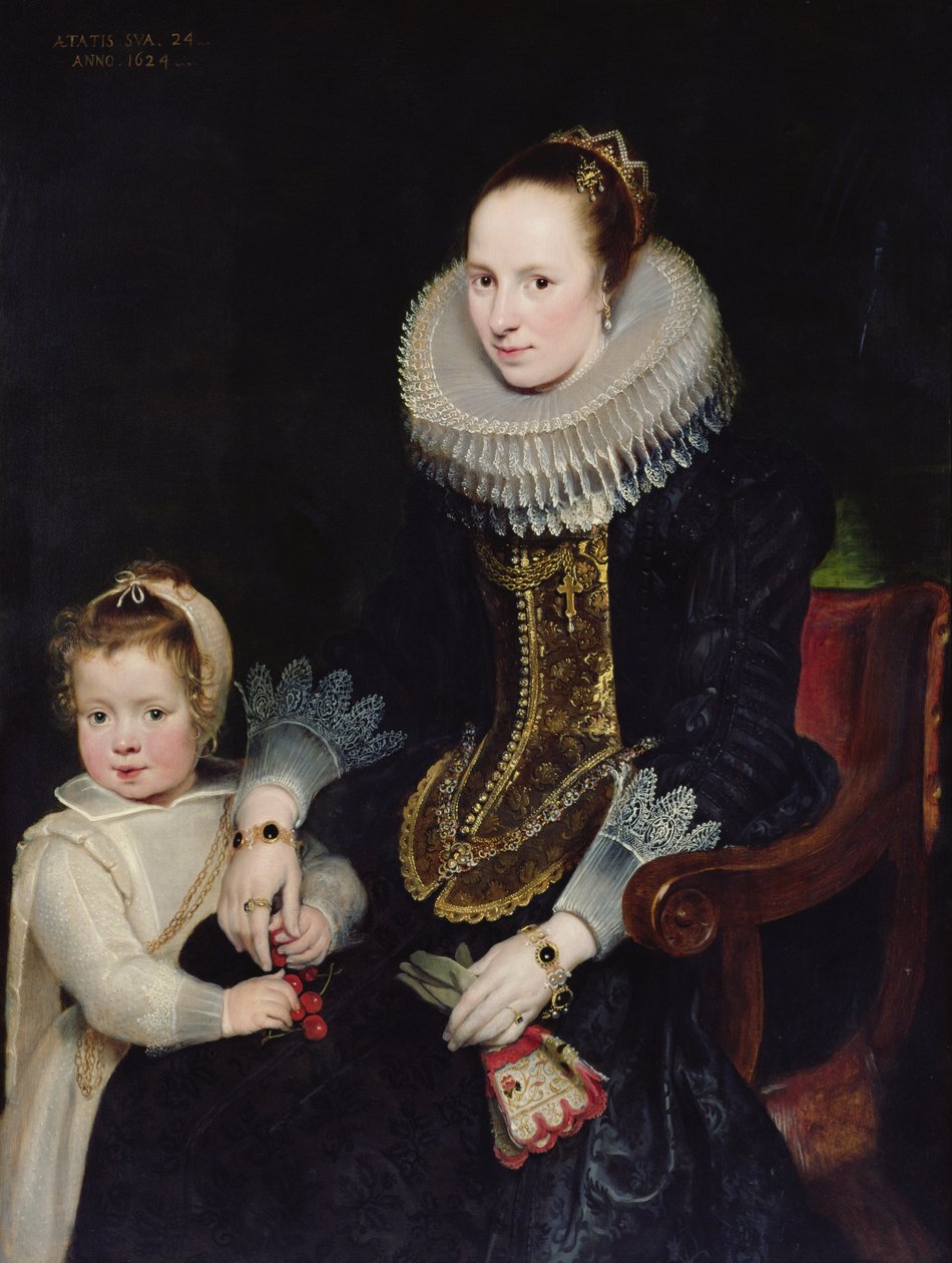 Retrato de uma senhora e sua filha (óleo no painel) de Cornelis de Vos