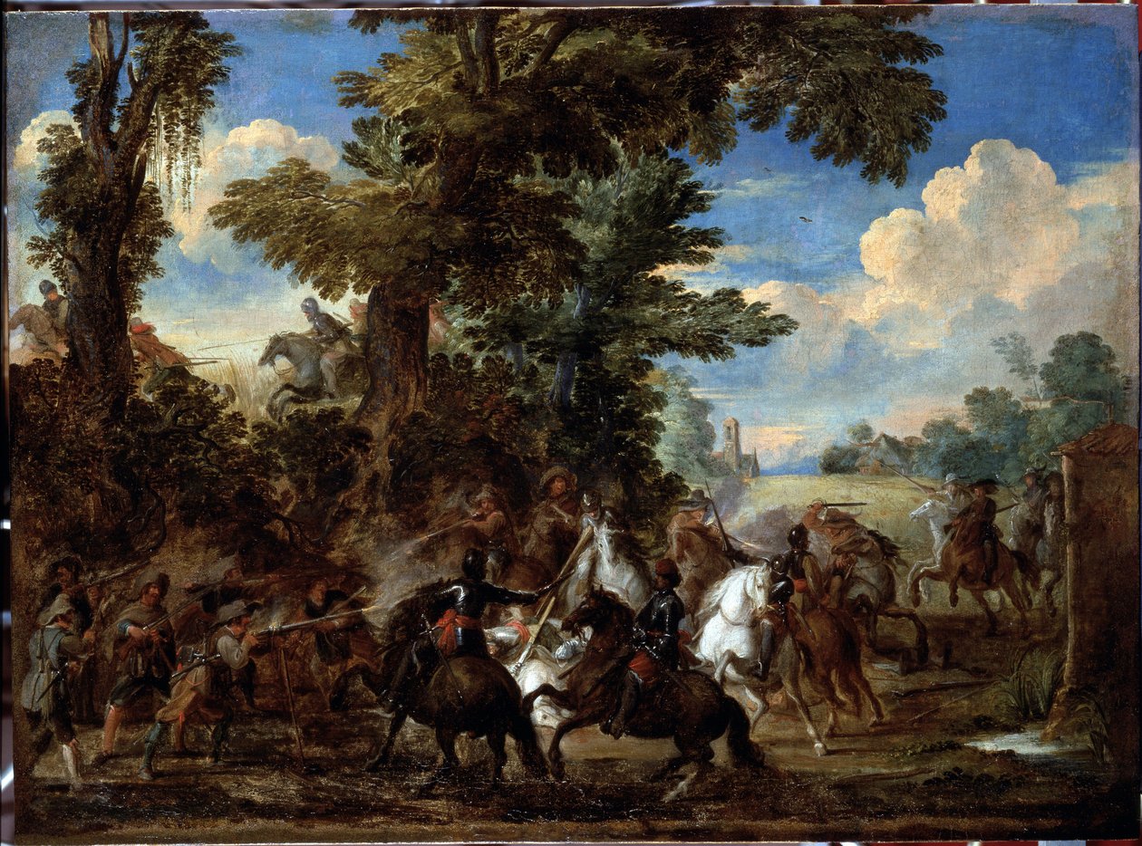 Cena de batalha (cena de batalha) Pintura de Cornelis De Wael (1592-1667) (ec flam) Dim 75x100 cm Genes, Musei di Strada Nuova (ex Palazzo Bianco) de Cornelis de Wael