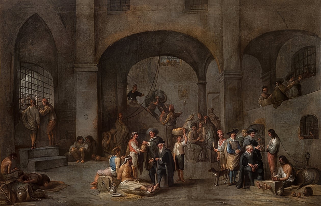 Visitando os Prisioneiros (De um Ciclo das Sete Obras de Misericórdia). Por volta de 1640 de Cornelis de Wael