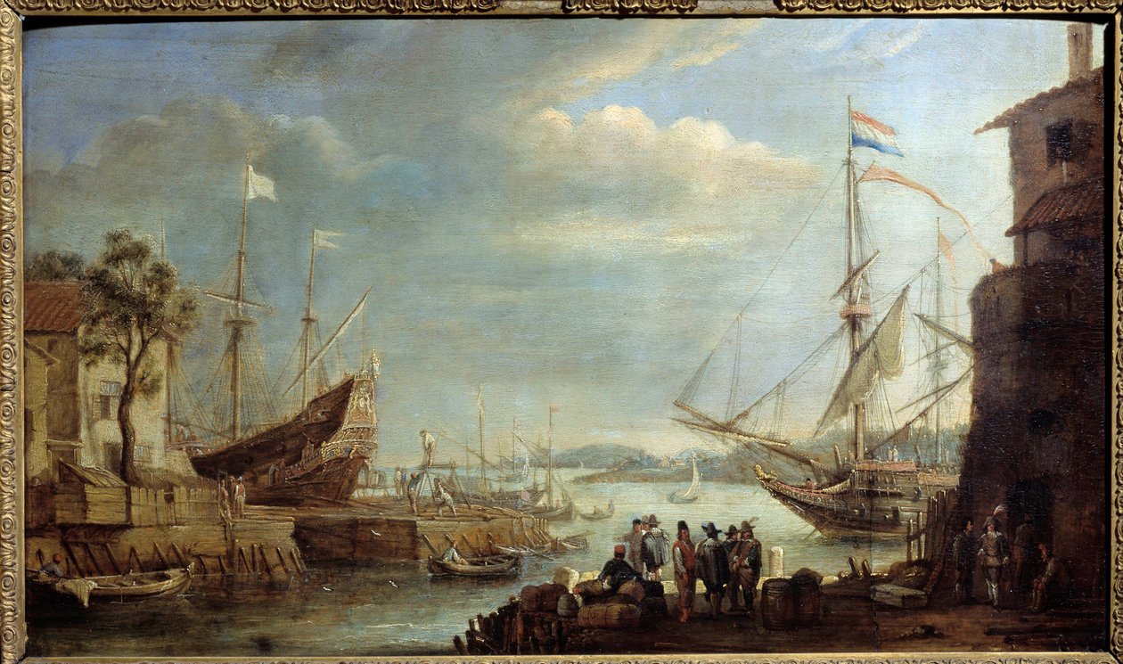 Porto marítimo no século XVII Pintura de Cornelius de Waez (1592-1667) Chalons sur Marne do século XVII, Museu de Belas Artes de Cornelis de Wael